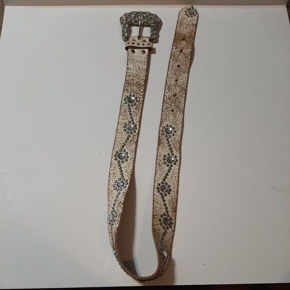 White Crackled Genuine Leather Womens Gem Studded Belt One Size - Picture 4 of 6